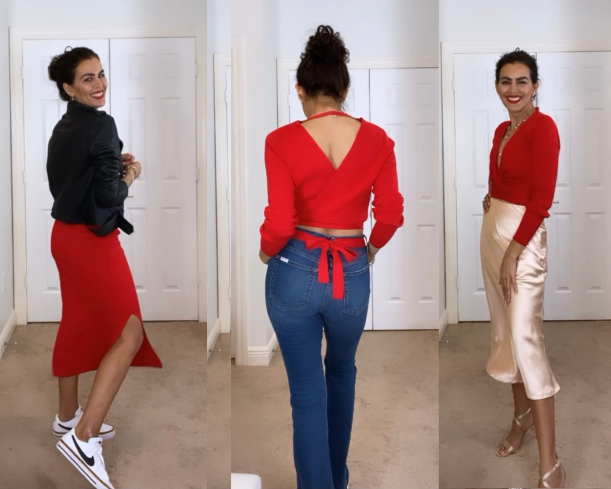 Gorgeous skirt set for Valentine’s Day! Wearing a size S in the red skirt set. Size 26 in the joes jeans flare. Size s in the satin skirt, Nike sneakers are tts. Size 8 in the all saints leather jacket. 

#LTKFind #LTKsalealert #LTKSeasonal