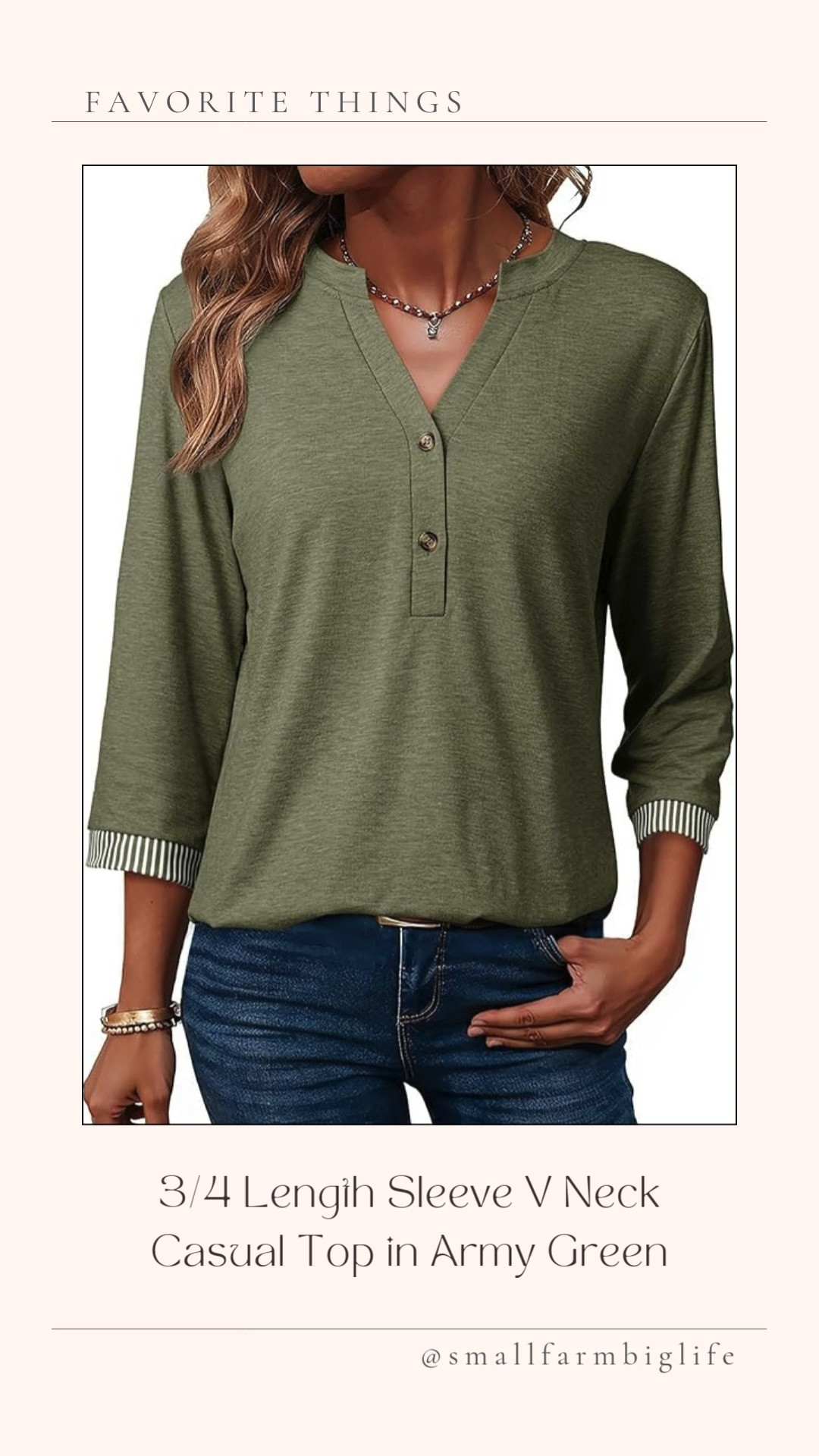 This army green 3/4 sleeve top is one of those easy pieces I keep reaching for this spring. It’s lightweight, soft, and really comfortable, with a relaxed fit that works great with jeans or casual pants. A simple, versatile top that’s perfect for everyday spring outfits. 

 #LTKgrwm #LTKootd #LTKOver40