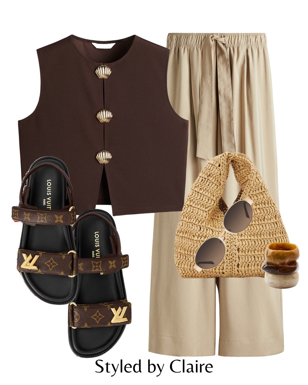 Caramel tones🥨
Tags: H&M shell button waistcoat top linen wide leg trousers drawstring beige Louis Vuitton sandals raffia bag mini chunky bracelets fashion summer inspo outfit ideas chic women’s style city break brown neutral Dubai Barcelona holiday vacation capsule wardrobe basics

#LTKstyletip #LTKsummer