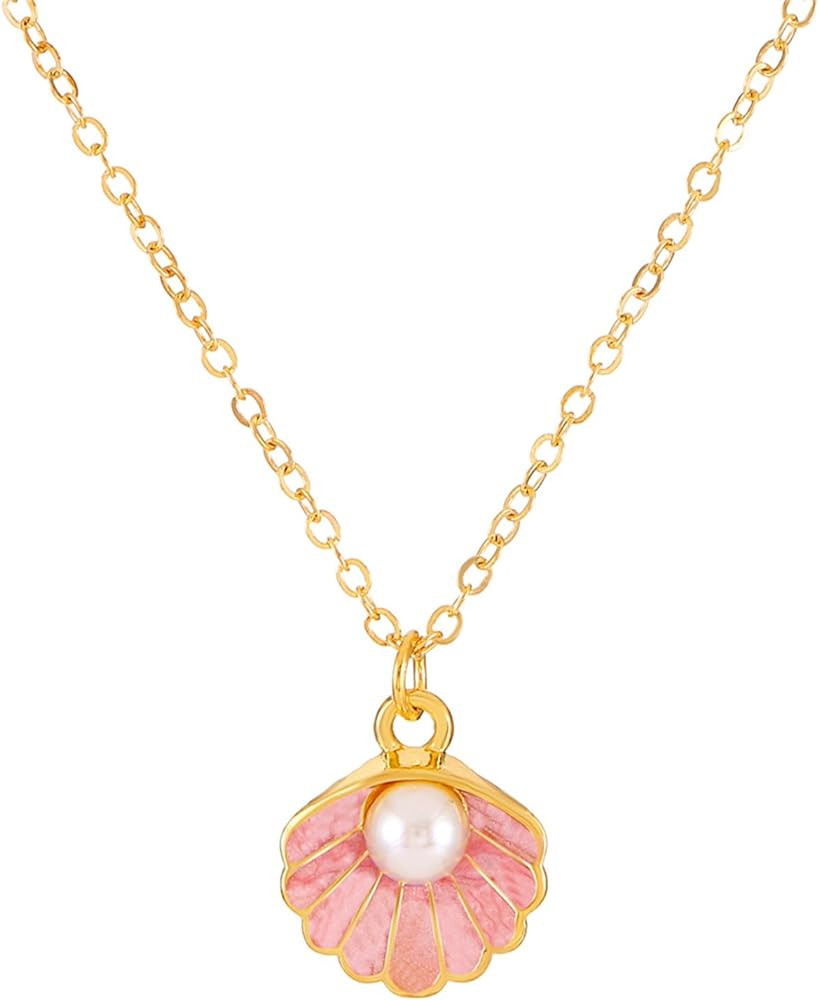 Seashell Pearl Pendant Necklace Gold Plated Boho Enamel Pink Blue Scallop Sea Shell Starfish Ocea... | Amazon (US)