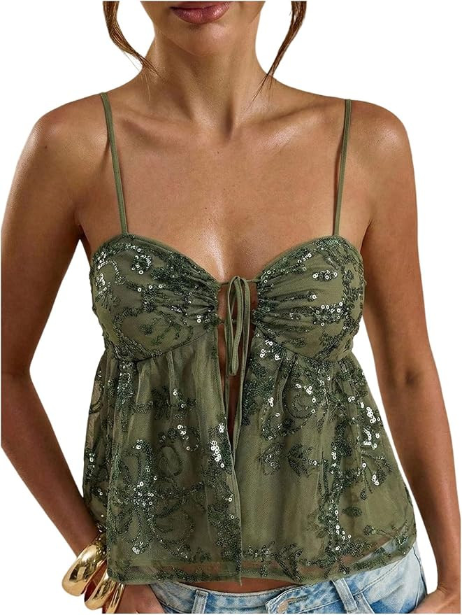 MakeMeChic Women's Sequin Cami Top Ruffle Sparkly Tie Front Split Party Club Tops | Amazon (US)