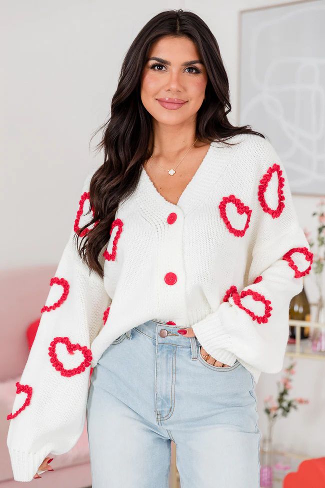 Better Together Ivory Heart Embroidered Cardigan | Pink Lily