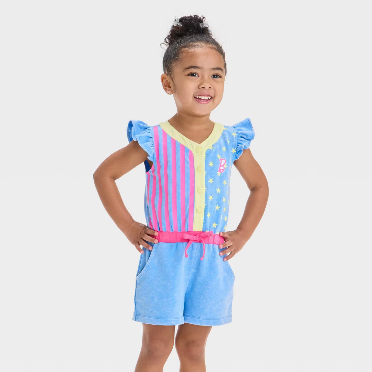 Toddler Girls' Mattel Barbie Dream Closet 1990 Inspired Denim Romper - Blue | Target