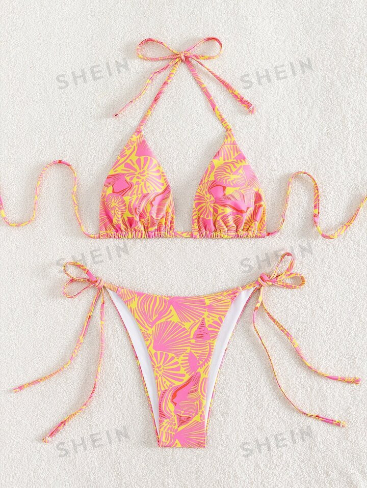 SHEIN Swim Mod Allover Print Bikini Set Halter Triangle Bra & Tie Side Bottom 2 Piece Swimsuit | SHEIN