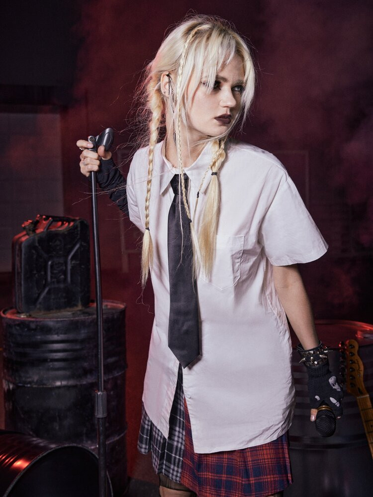ROMWE Grunge Punk Camisa Sólido Botão frontal Com Gravata | SHEIN
