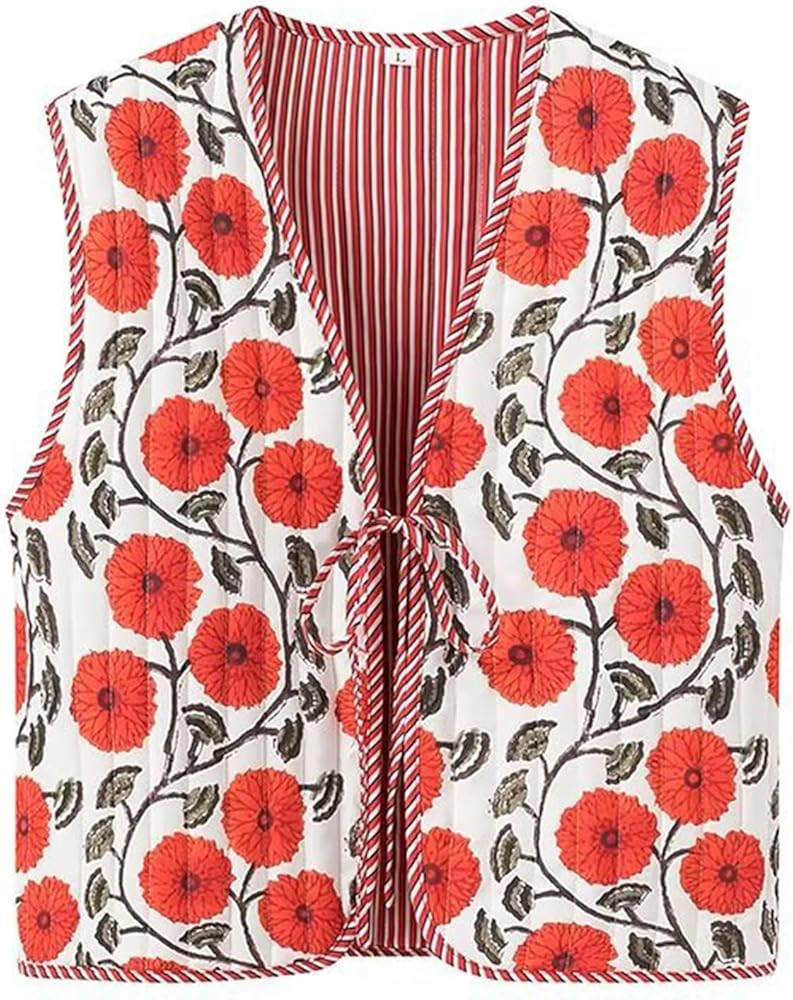 Yimoon Women's Cropped Quilted Vest Floral Printed Puffer Vest Lightweight Sleeveless Tie Front P... | Amazon (US)
