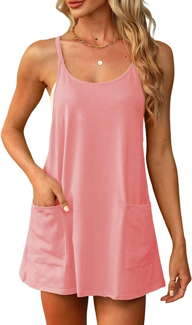 Womens Casual Athletic Summer Dresses Spaghetti Straps Scoop Neck Sleeveless Hot Shot Mini Dress ... | Amazon (US)