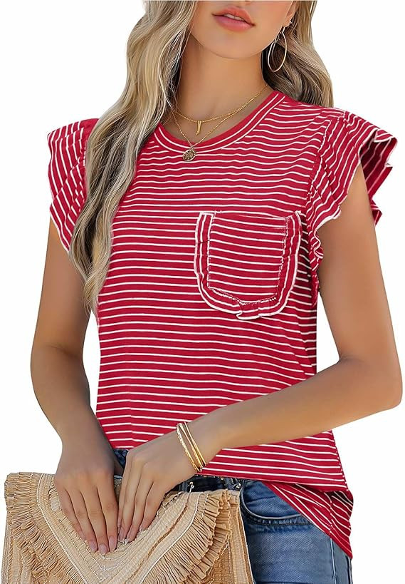 JUSTFASHIONNOW Womens Summer Tops Striped T-Shirts 2026 Ruffle Short Sleeve Crew Neck Casual Blou... | Amazon (US)