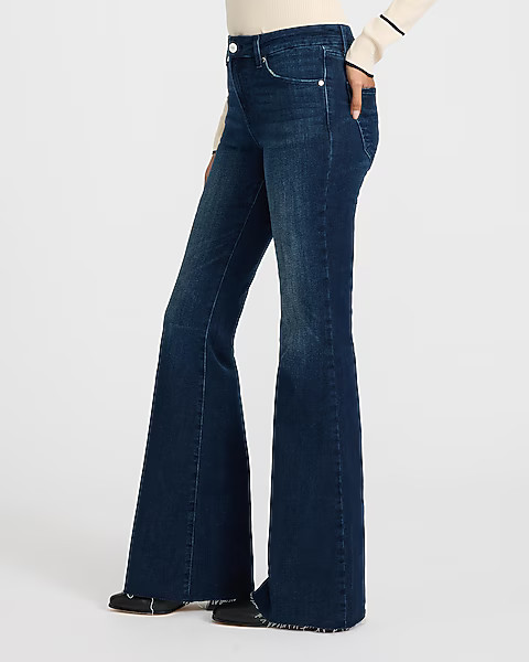Mid Rise Dark Wash Raw Hem FlexX '70s Flare Jeans | Express