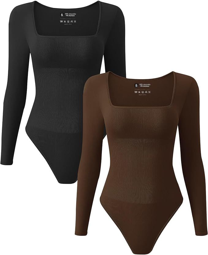 TDIFFUN Womens Long Sleeve Bodysuits Shapewear Sexy Ribbed Square Neck Tops Tummy Control Body Sh... | Amazon (US)
