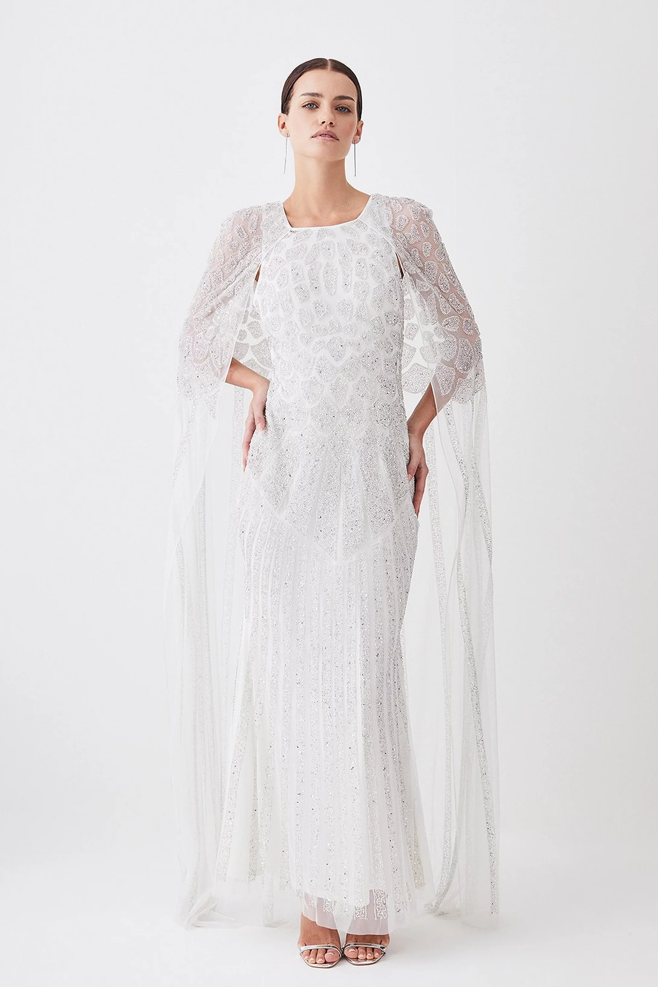 Petite Premium Embellished Caped Woven Maxi Dress | Karen Millen UK + IE + DE + NL