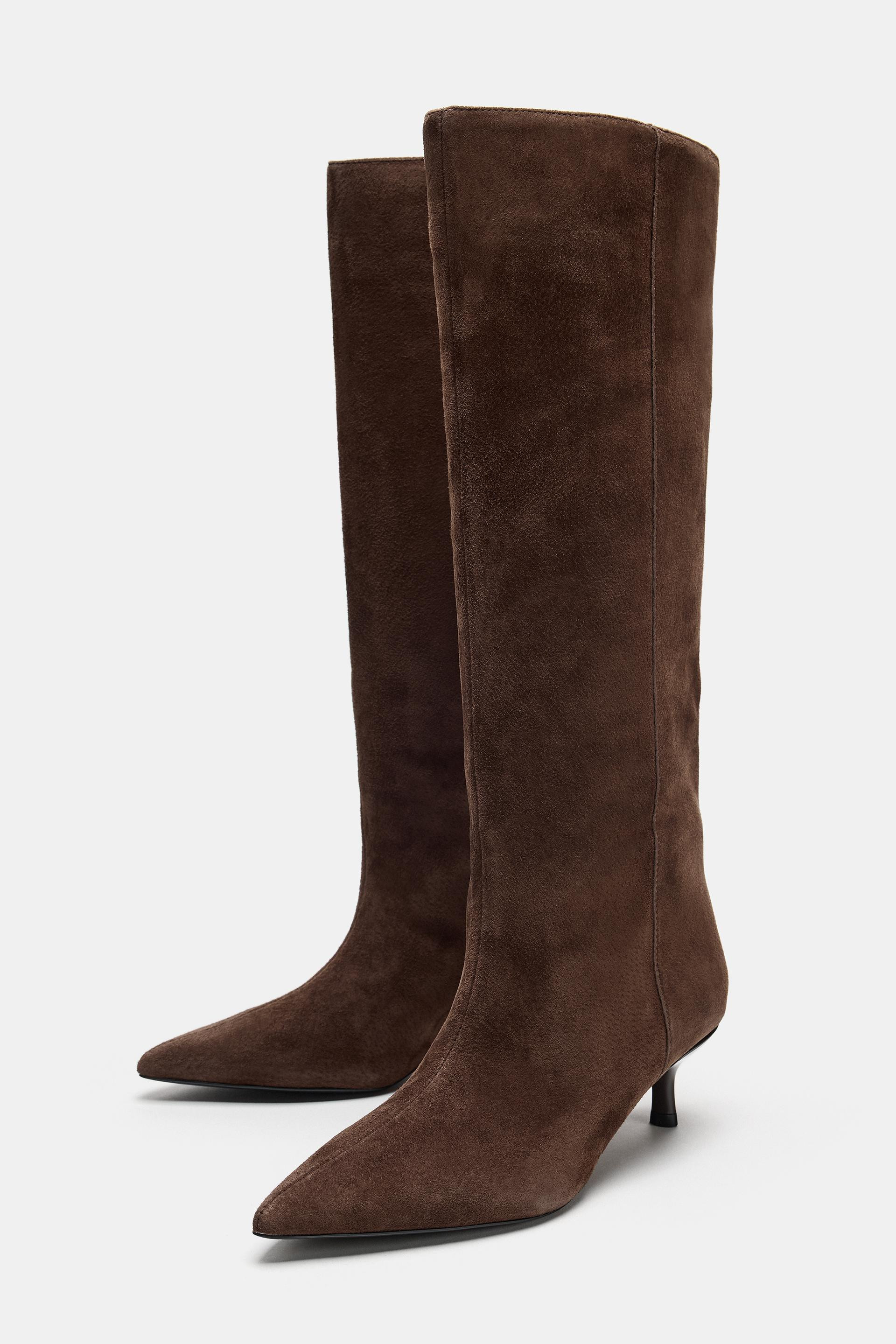 Zara - Suede Kitten Heel Boots - Brown - 9 - Woman | Zara US