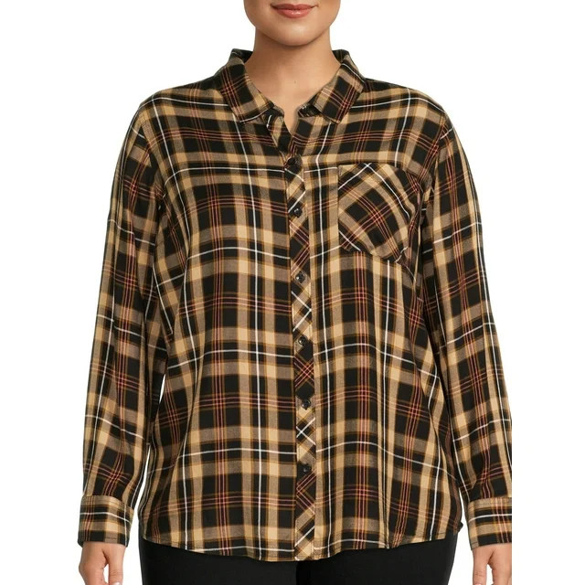 Terra & Sky Women's Plus Size Plaid Button-Down Shirt | Walmart (US)