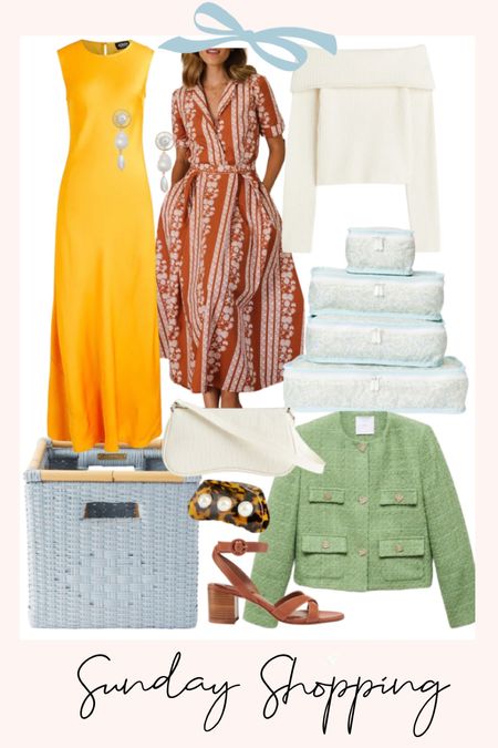 Fall styles. Floral red shirtdress. Mustard yellow crepe slip dress - wedding guest dress. Green tweed jacket. Blue rattan storage basket. Blue floral packing cubes. White off the shoulder sweater. Brown ankle strap heeled sandals. White baguette bag. Pearl drop earrings. Pearl claw clip. Tortoise claw clip with pearls. 
.
.
.
… #ltkwedding #ltkitbag #ltkshoecrush #ltkunder100 #ltkover40 

#LTKhome #LTKstyletip #LTKworkwear