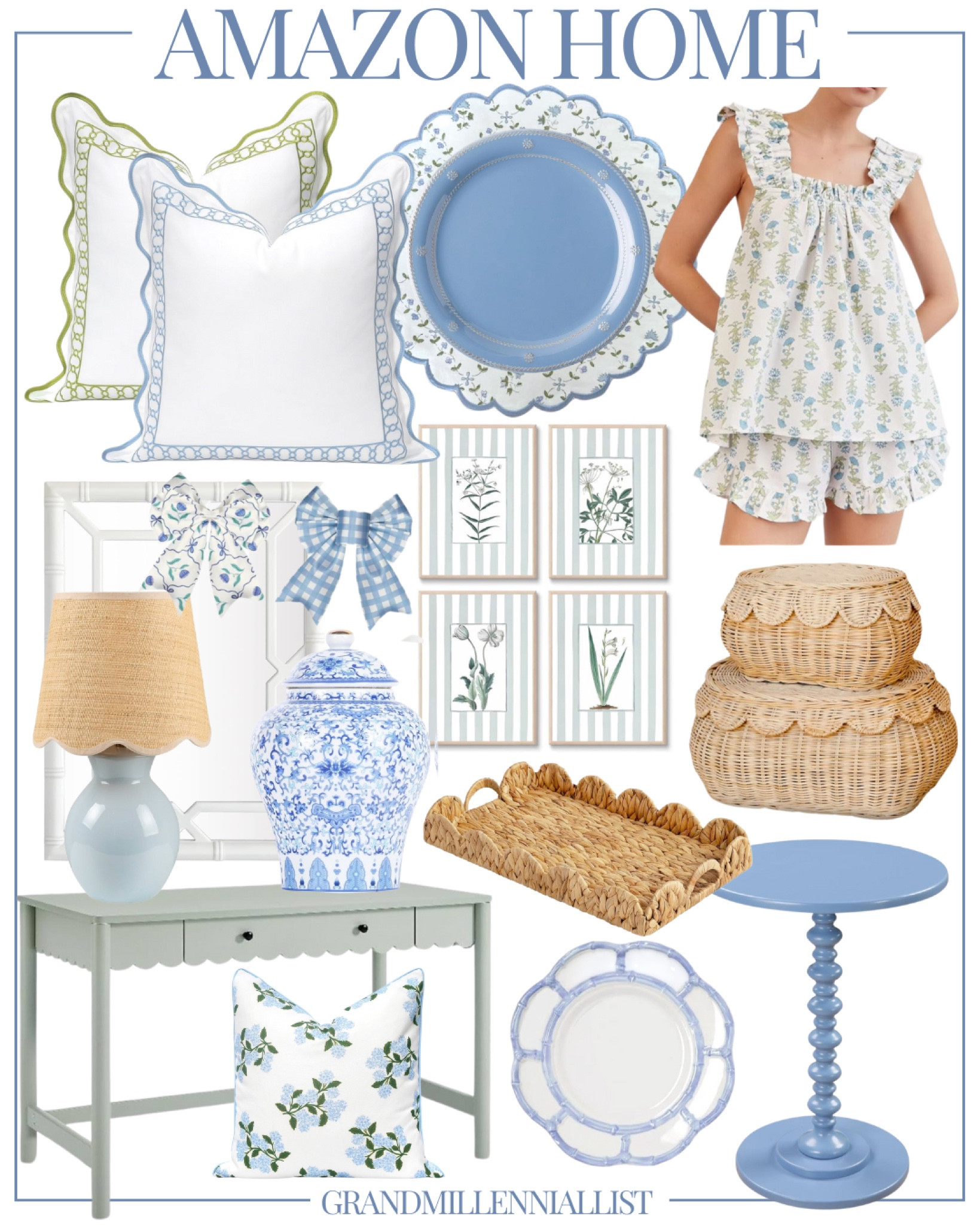 Amazon Grandmillennial home finds Blue and green home 

Amazon preppy home southern home coastal home 

Pillows, block print placemats, pajamas, desk, scalloped baskets, decorative tray, woven lampshade 

#LTKMostLoved 

#LTKHome #LTKStyleTip