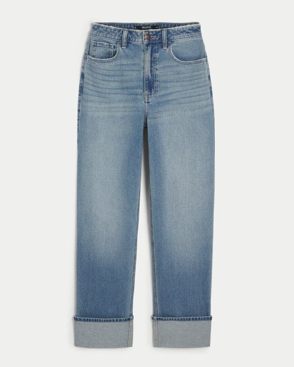 Ultra High-Rise Medium Wash Cuffed 90s Straight Jeans | Hollister (US)
