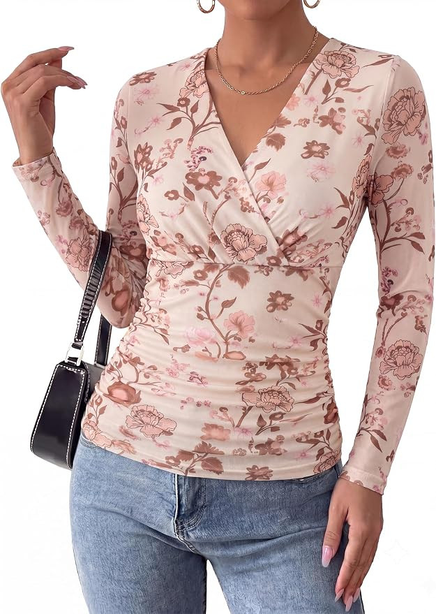 Arolina Womens Wrap Boho Tops Long Sleeve Mesh V Neck Dressy Casual Blouses | Amazon (US)