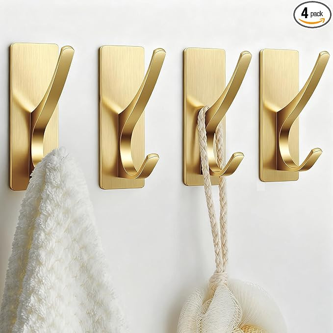 Gold Self Adhesive Towel Hooks, Extra Sticky and Strong 10LB, Stainless Hook for Bathroom, 4 Pack | Amazon (US)