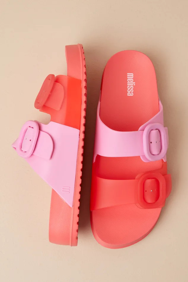 Cozy Red and Pink Color Block Slide Sandals | Lulus