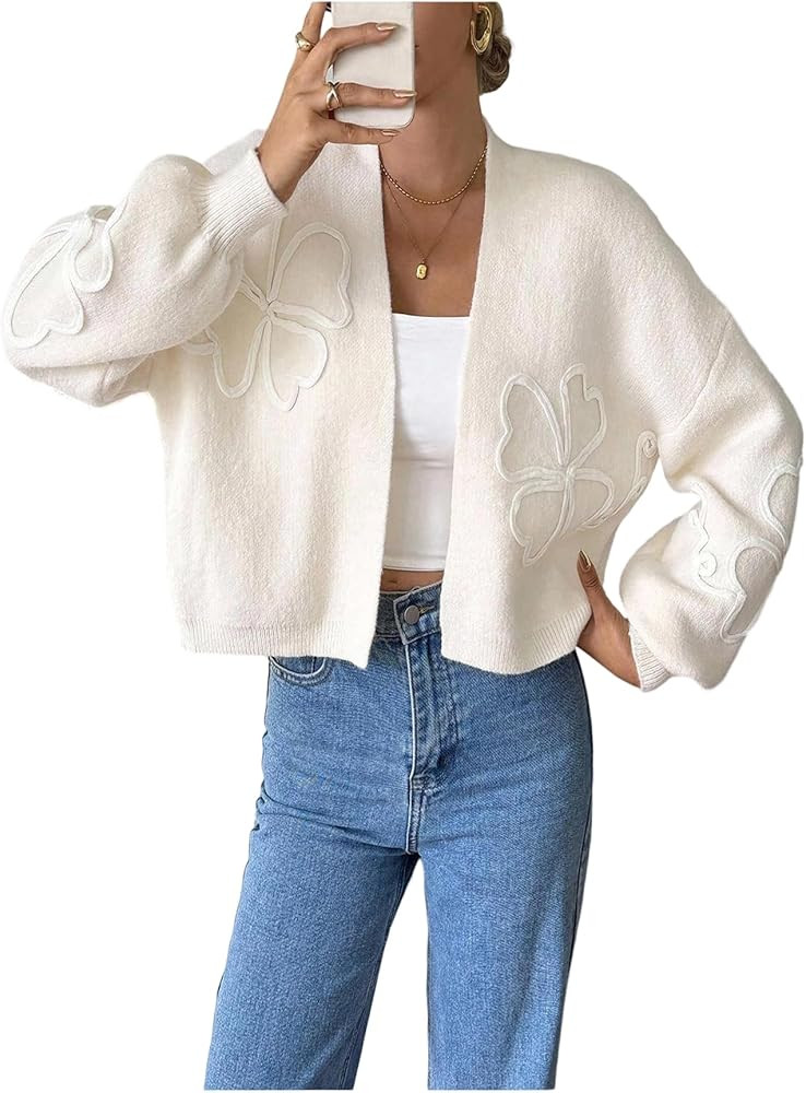 SOLY HUX Women's Floral Cropped Cardigan Sweater Open Front Long Sleeve Knit Casual Outerwear | Amazon (US)
