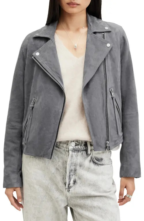 AllSaints Dalby Suede Moto Jacket in Ghost Grey at Nordstrom, Size 0 Us | Nordstrom