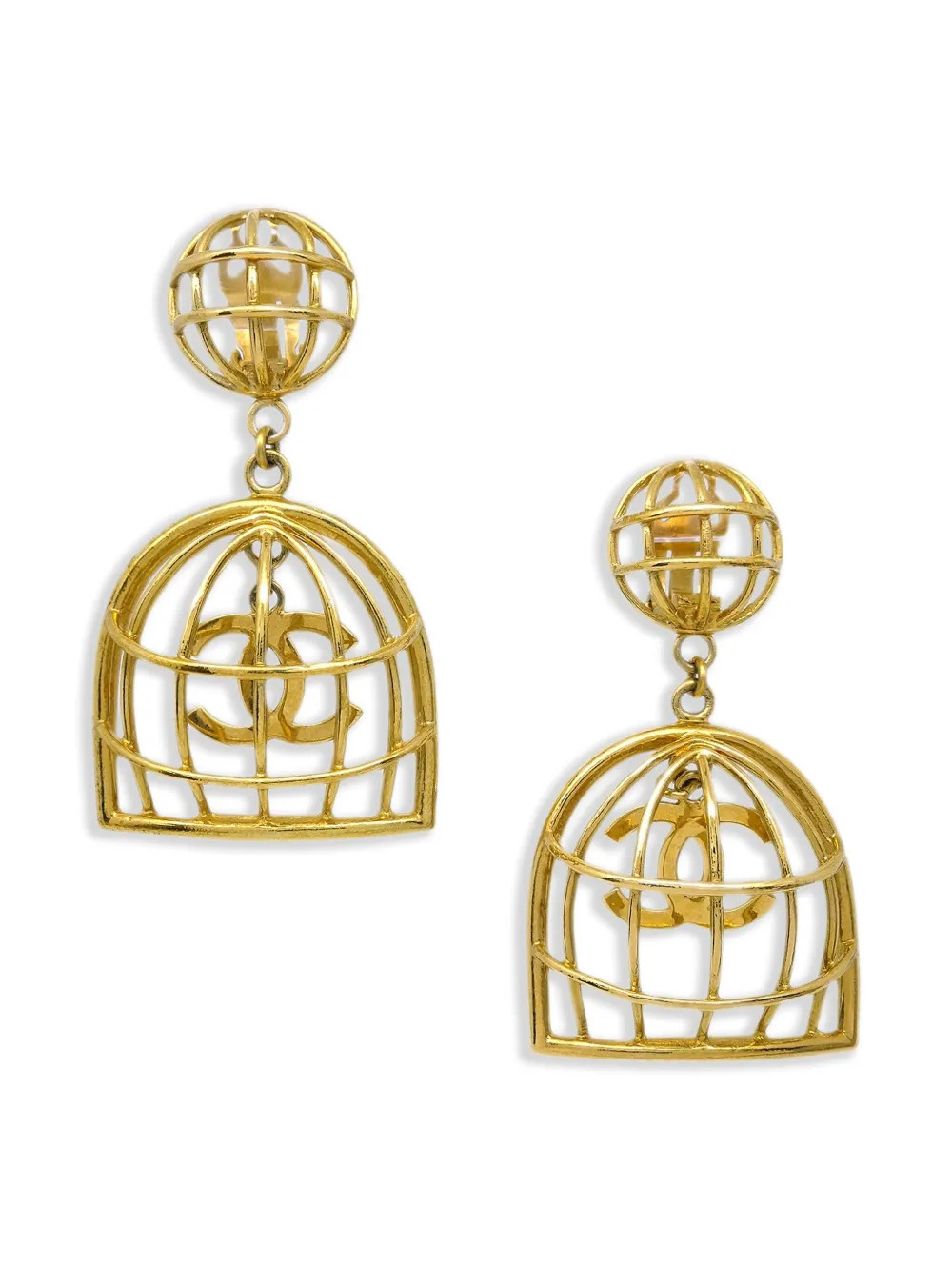 CHANEL Pre-Owned 1994 CC birdcage-motif clip-on earrings - Gold | Farfetch Global