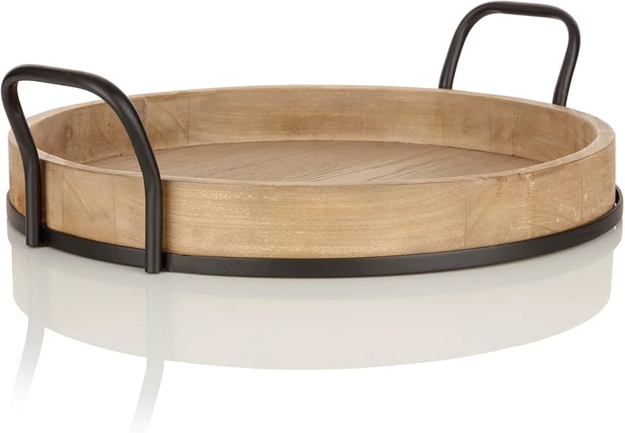 Round Wood Serving Tray with Black Handles 18.5" x 17" | Amazon (US)