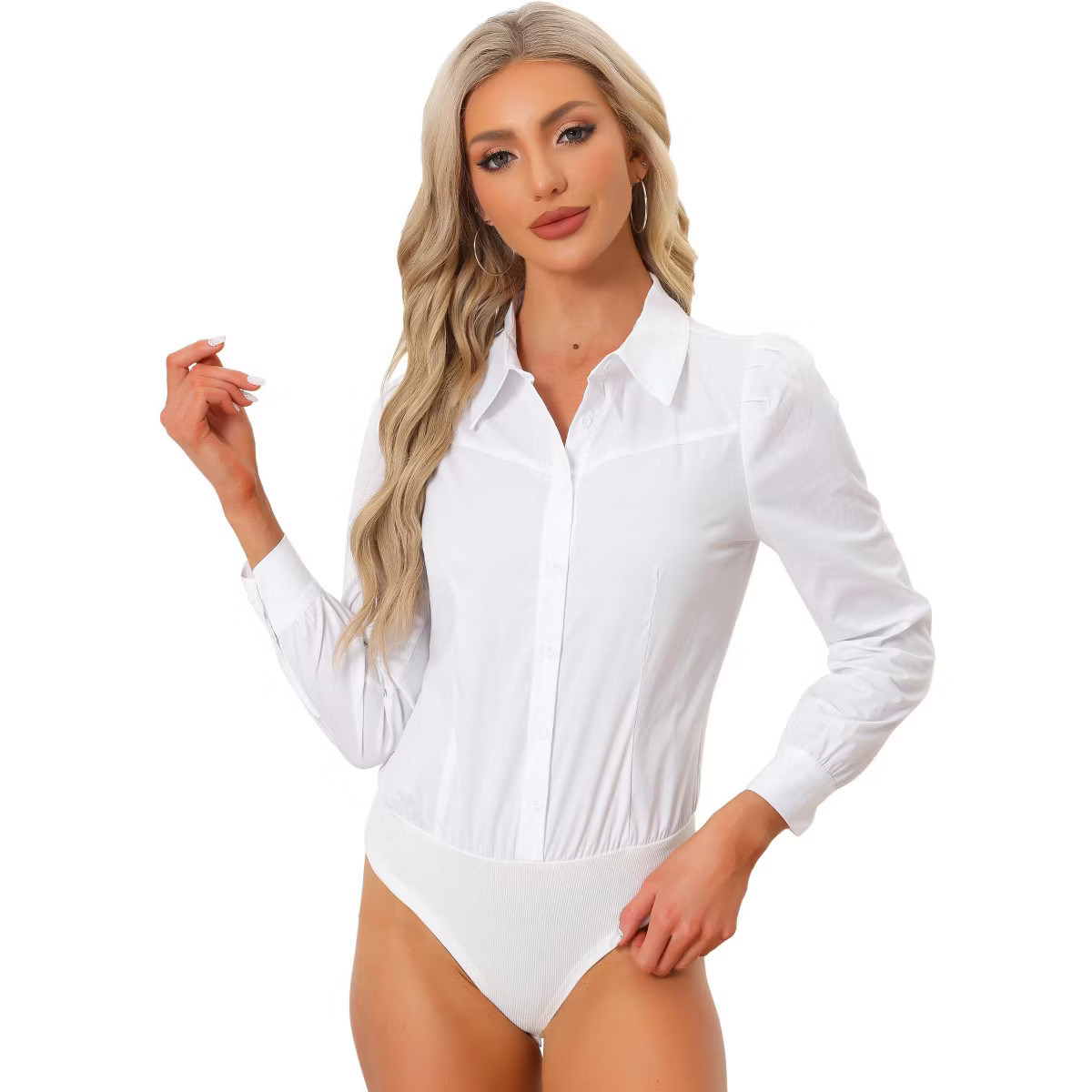 Allegra K Women's Collared Business Casual Button Down Long Sleeves Bodysuit Top Leotard Shirt | Target