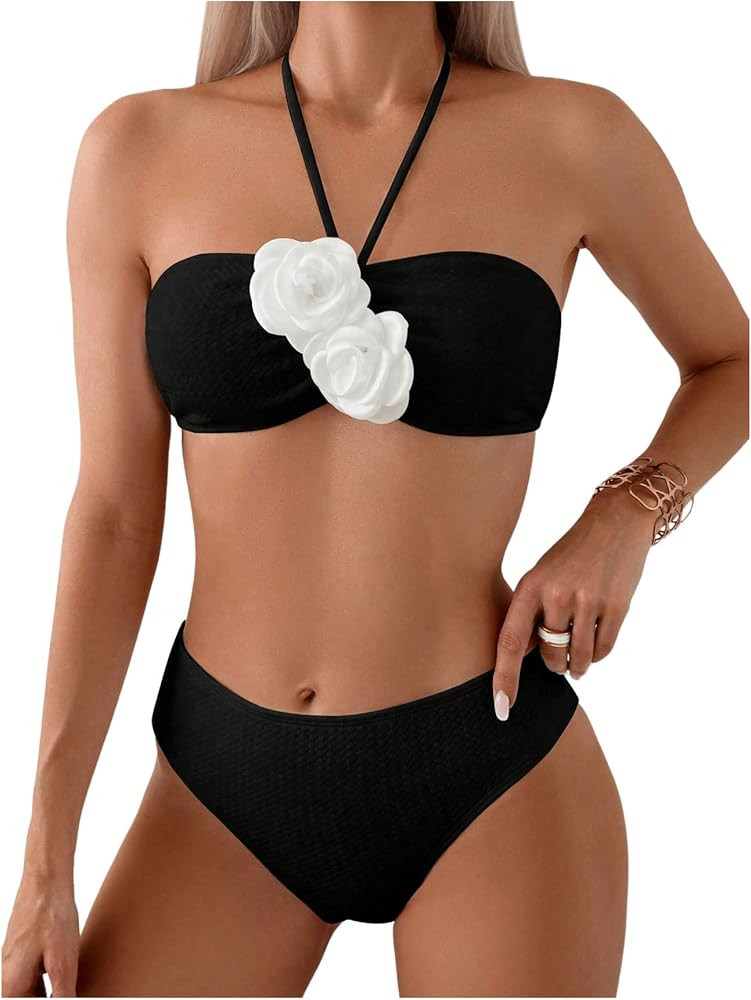 SHENHE Women's 2 Piece Halter Swimsuit 3D Flower Appliques Bandeau Tummy Control Bikini Set | Amazon (US)