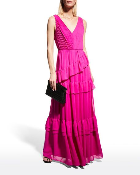 Aidan by Aidan Mattox V-Neck Ruffle-Tiered Sleeveless Gown | Neiman Marcus