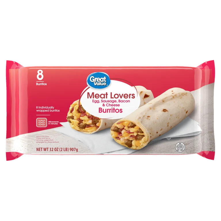 Great Value Meat Lovers Breakfast Burrito, Plastic Film Wrap, 32 oz, 8 Count (Frozen) | Walmart (US)