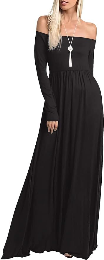 Amoretu Womens Casual Long Sleeve Off Shoulder Maxi Long Dress with Pocket | Amazon (US)