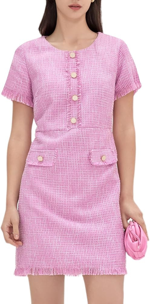 Womens Summer Tweed Dress Short Sleeve Crew Neck Tassels Elegant Loose A Line Shift Mini Dress | Amazon (US)