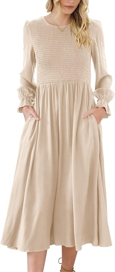 ANRABESS Women's Casual Crew Neck Long Puff Sleeve Smocked High Waist Flowy Midi Dress | Amazon (US)