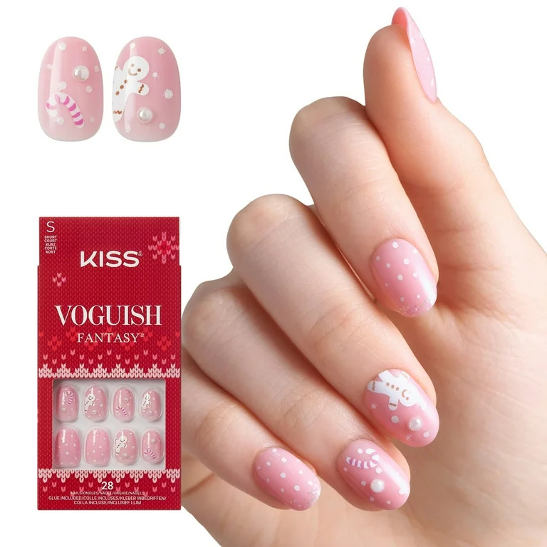 KISS Voguish Fantasy Holiday Press On Nails, ‘Ho Ho Holiday’, Pink, Short Oval, 28 Count | Walmart (US)