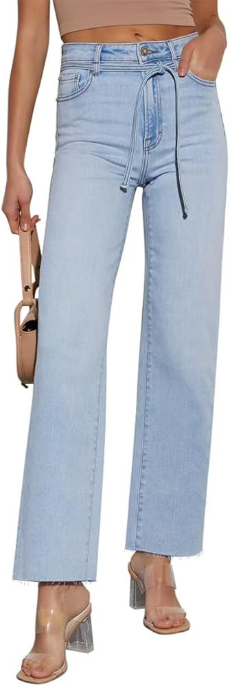 KDF Straight Leg Jeans for Women High Waisted Jeans Frayed Baggy Pants Raw Hem Loose Stretchy Cro... | Amazon (US)