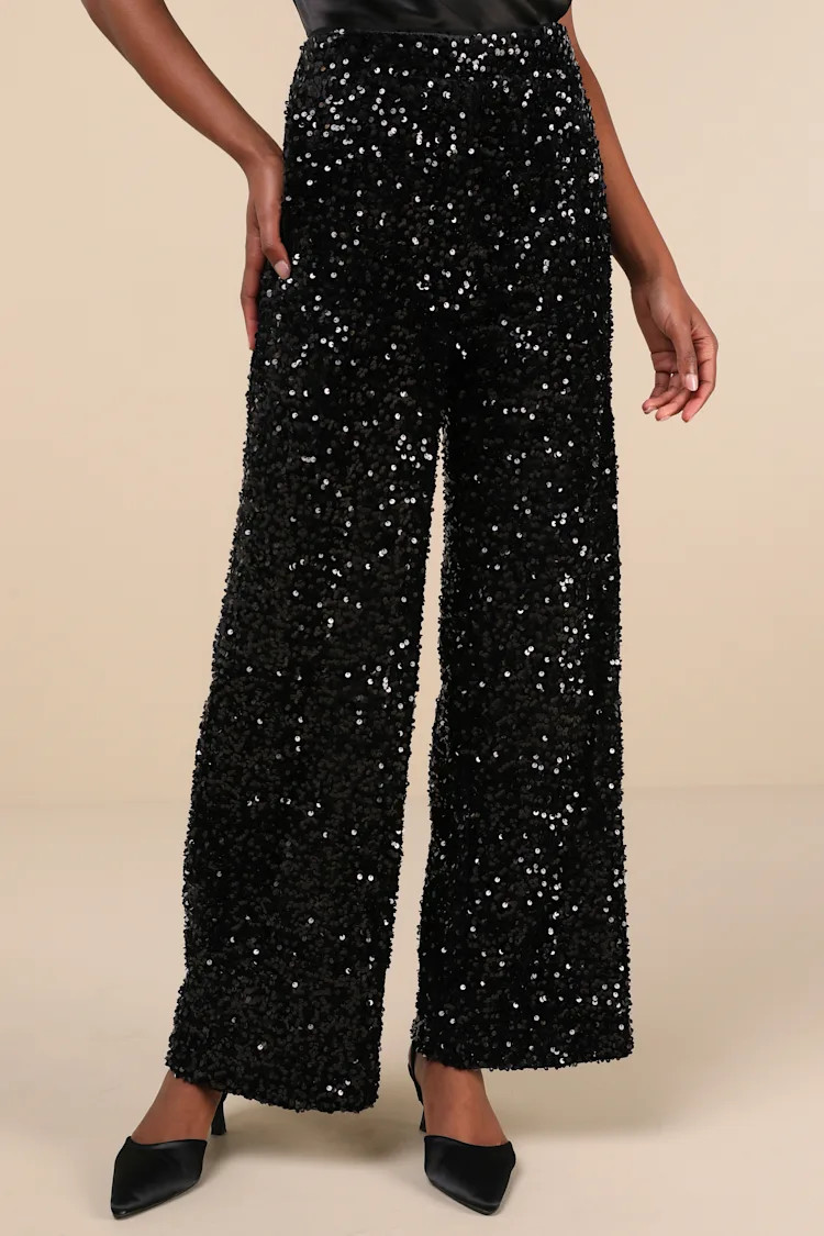 Maiya Black Velvet Sequin Wide-Leg Pants | Lulus