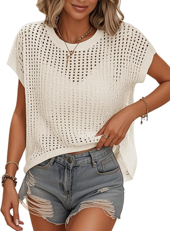 Bellcoco Crochet Tops for Women Summer Vacation Outfits Beach Cover Ups Cute Hollow Out Pullover ... | Amazon (US)