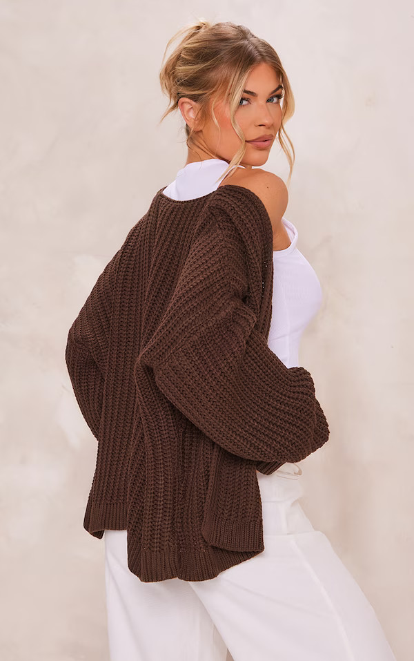 Chocolate Chunky Knit Slouchy Cardigan | PrettyLittleThing US