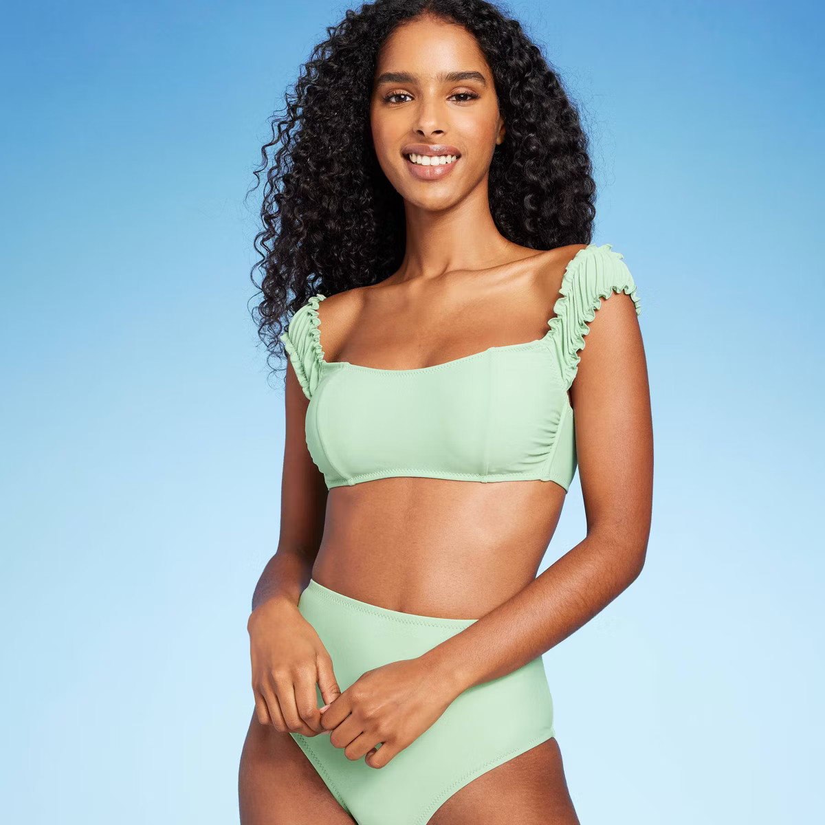 Women's Shirred Off the Shoulder Bralette Lace-Up Bikini Top - Shade & Shore™ Light Green | Target