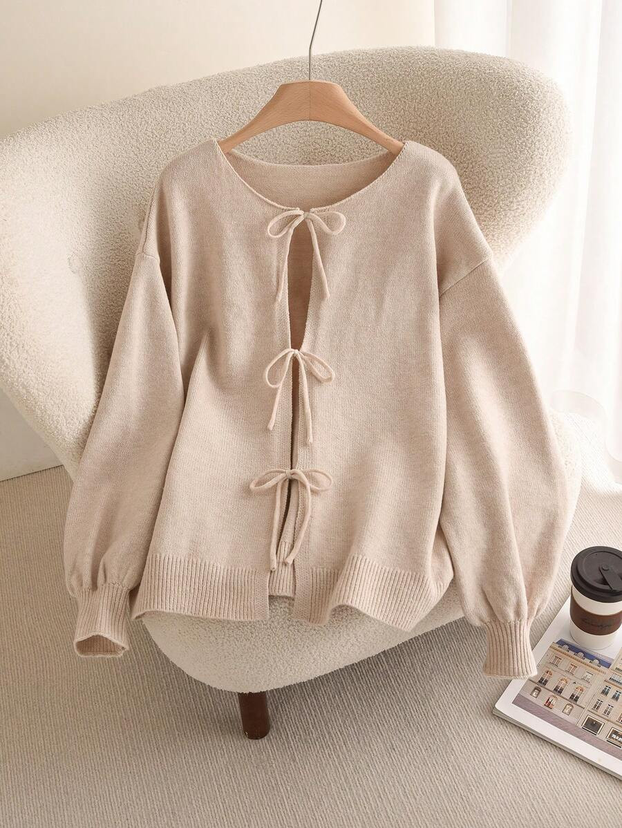 SHEIN Frenchy Plus Size Casual Lace-Up Loose Knit Cardigan, Winter | SHEIN