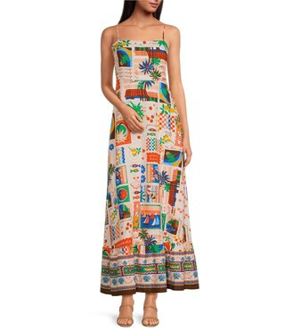 Postcard Print Square Neck Sleeveless Maxi Dress | Dillard's