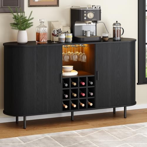 ONBRILL 63" Wine Bar Cabinet with LED Light,Modern Liquor Whiskey Coffee Station with Wine Rack and Glass Holder, Farmhouse Buffet Sideboard with Storage for Living Room, Kitchen, Entryway (Black) | Amazon (US)