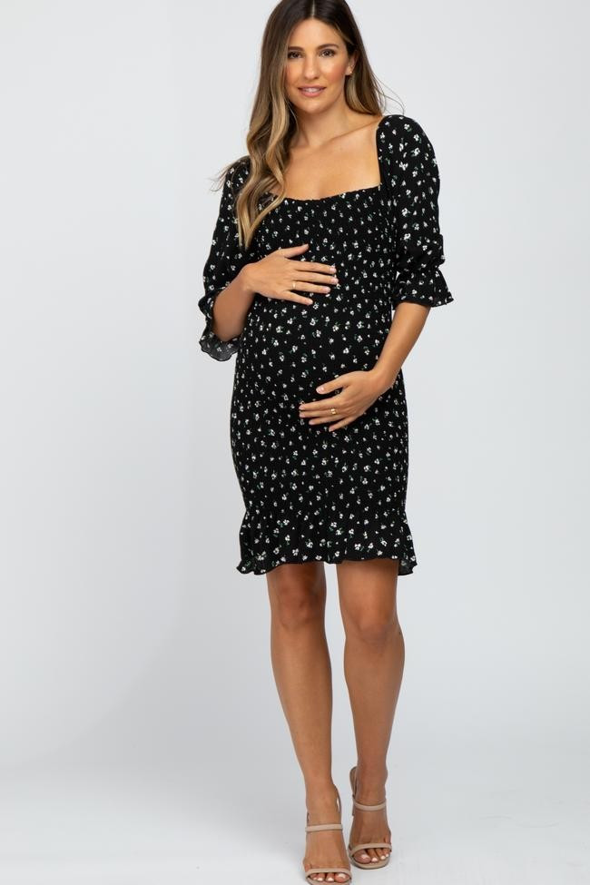 Black Ditsy Floral Smocked Maternity Mini Dress | PinkBlush Maternity