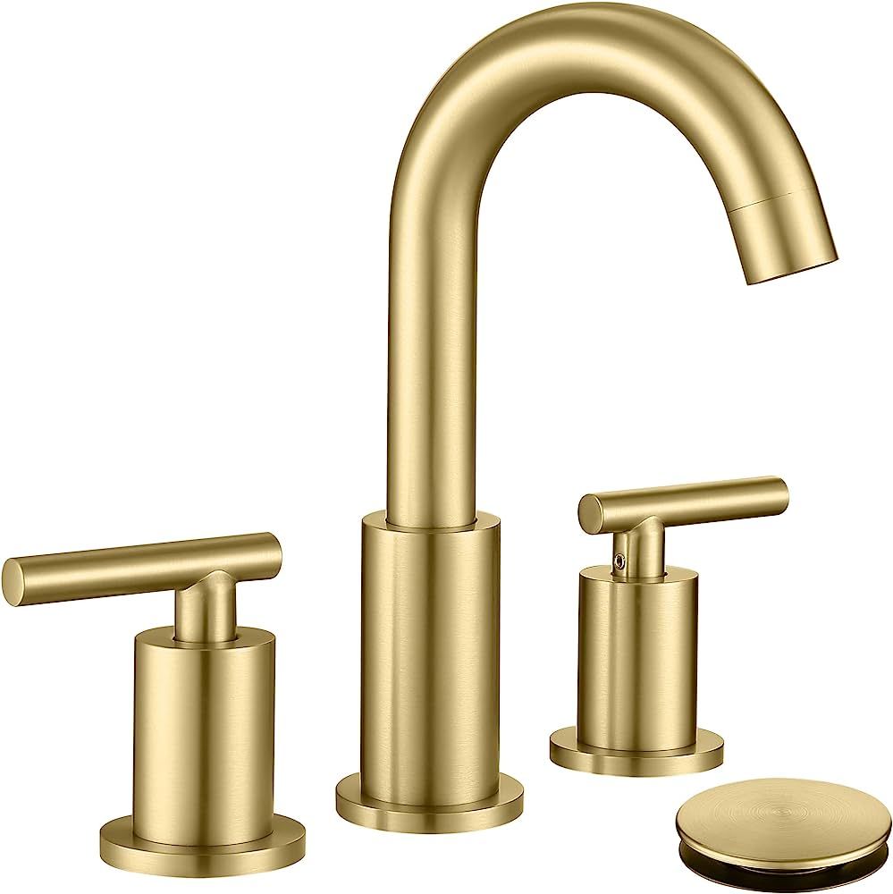 Brushed Gold Bathroom Faucet with Sink Drain and Supply Hose, 8 inch Widespread Bathroom Faucet 3... | Amazon (US)