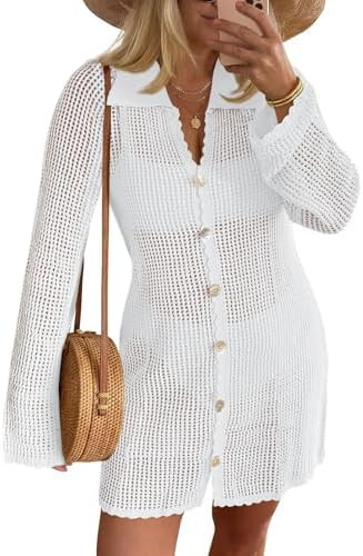 Saodimallsu Womens Crochet Swimsuit Coverup Button Down Long Sleeve Cardigan Mini Dress Beach Cov... | Amazon (US)