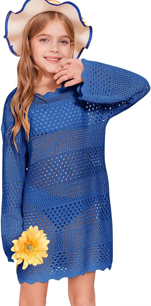 Batermoon Girls Crochet Long Sleeve Swimsuit Cover Up Kids Fashion Hollow Out Swimwear Beach Dres... | Amazon (US)