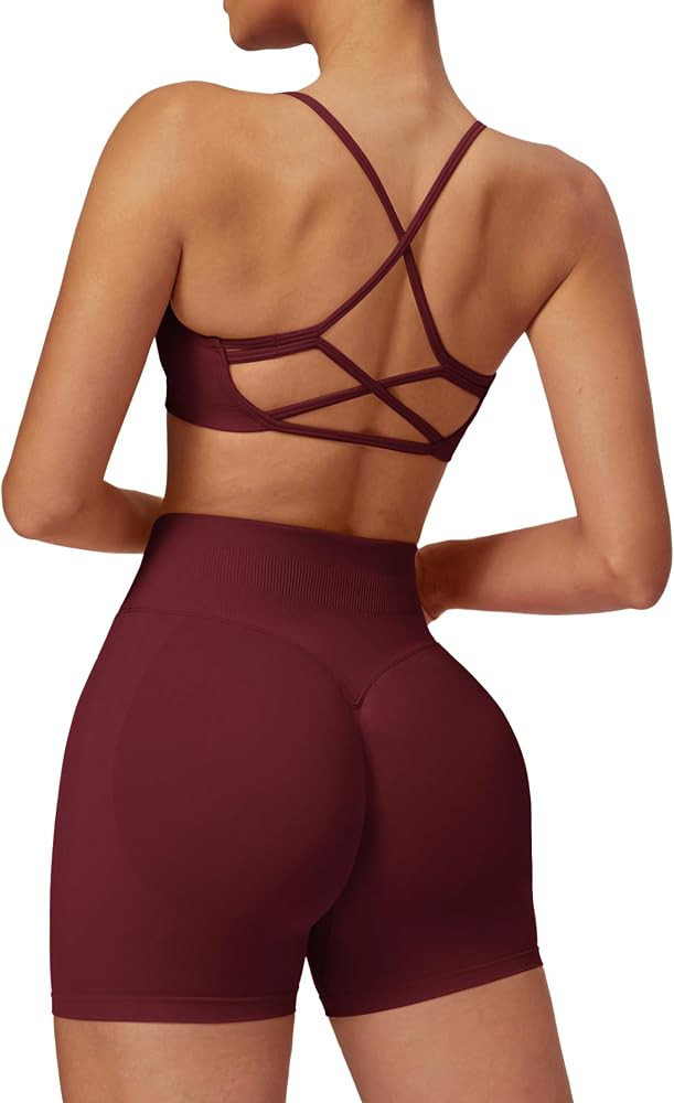 ABOCIW 2 Piece Seamless Workout Sets for Women Scoop Neck Strappy Sports Bra Scrunch Butt Lifting... | Amazon (US)