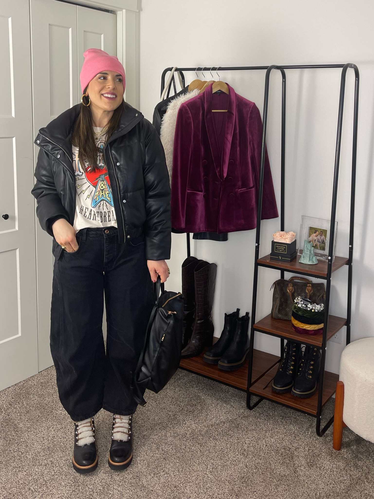Winter style. 
Puffer coat. 
Faux leather coat. 
Beanie. 
Barrel jeans. 
Shearling boots 
Free people
Anthropologie
Marc fisher 
Pink beanie 
Graphic tee 

#LTKsalealert #LTKSeasonal #LTKshoecrush