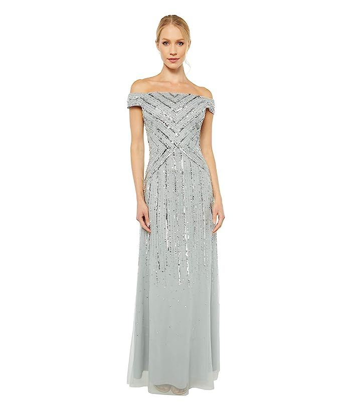 Adrianna Papell Off-the-Shoulder Beaded Gown (Frosted Sage) Women's Dress | Zappos